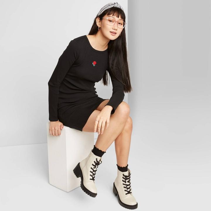 Women's Long Sleeve Bodycon Dress - Wild Fable Black Embroidered
