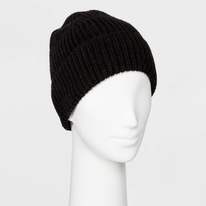 Women's Shaker Stitch Knit Cuff Beanie - A New Day Black
