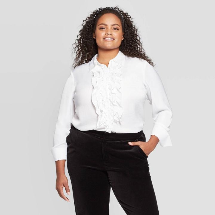Women's Plus Size Long Sleeve Collared Blouse - A New Day White X, Women's