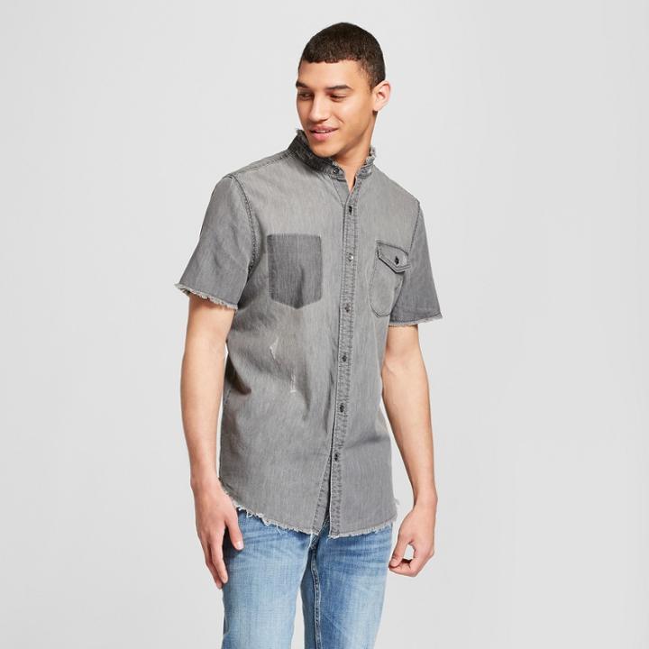 Men's Short Sleeve Mandarin Collar Destructed Denim Button-down Shirt - Jackson Gray