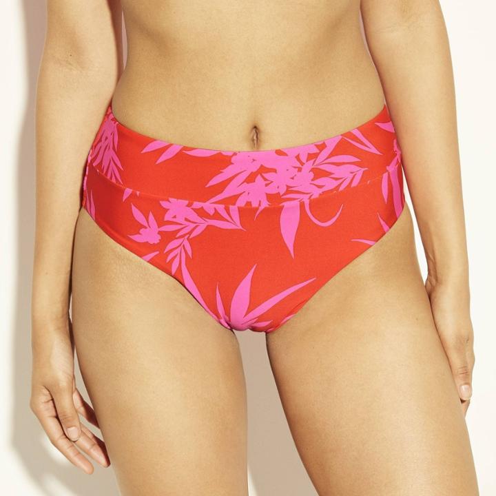 Women's High Leg Mid-rise Bikini Bottom - Sunn Lab Swim Pink/orange Tropical