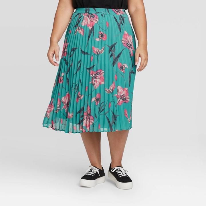 Women's Plus Size Floral Print Pleated Skirt - A New Day Blue 1x, Women's,