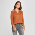 Women's Long Sleeve Embroidered Shoulder Henley Top - Knox Rose Gold