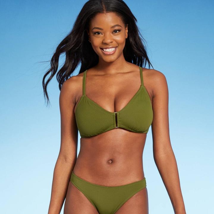 Juniors' Textured Ring Front Bralette Bikini Top - Xhilaration Olive D/dd Cup