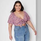Women's Plus Size Puff Short Sleeve Woven Tie-front Blouse - Wild Fable Floral