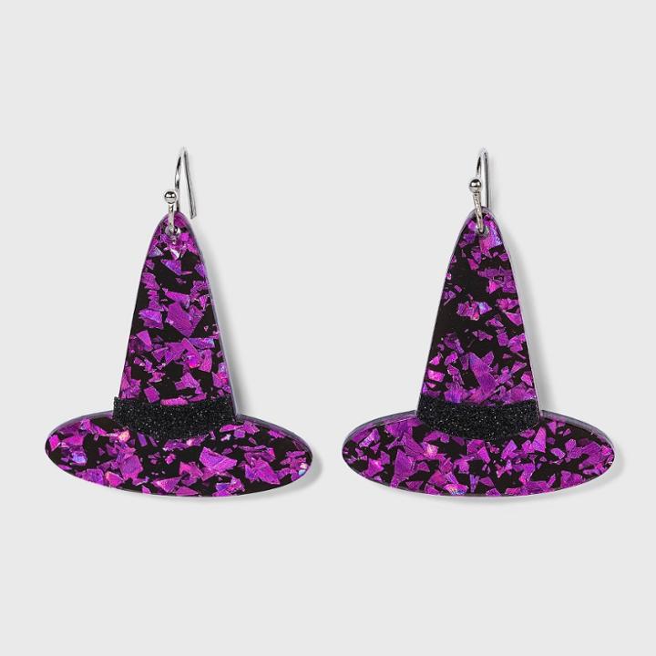 No Brand Glitter Witch Hat Drop Earrings, Purple