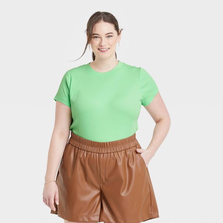 Women's Short Sleeve Ribbed T-shirt - A New Day Bright Green