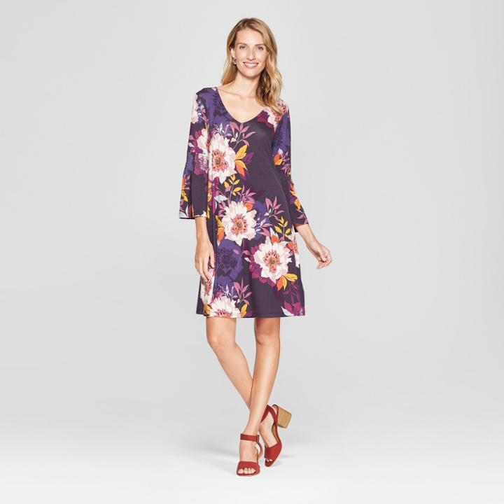 Women's Floral Print Ruched Bell Sleeve Knit Dress - Spenser Jeremy - Navy L, Women's, Size: