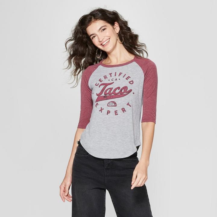 Women's 3/4 Sleeve Certified Taco Expert Raglan Graphic T-shirt - Awake Gray/burgundy