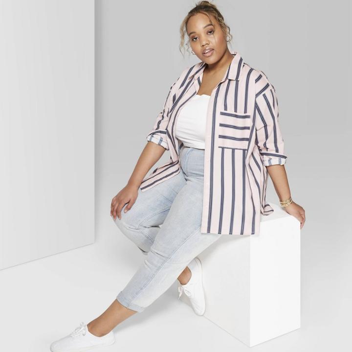 Women's Plus Size Striped Long Sleeve Oversized Button-down Shirt - Wild Fable Paris Pink