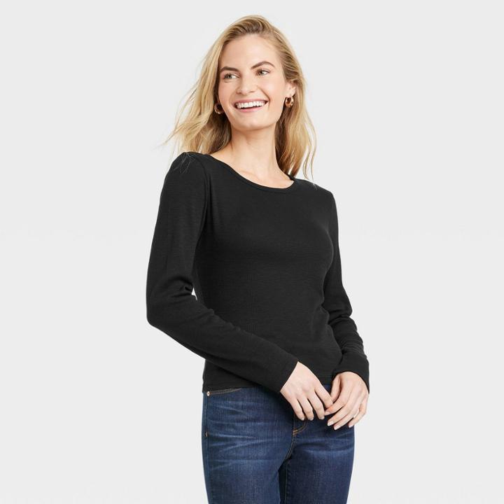 Women's Ribbed Shrunken Long Sleeve T-shirt - Universal Thread Black