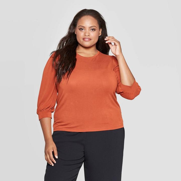 Women's Plus Size 3/4 Sleeve Crewneck Sandwash Top - Ava & Viv Brown