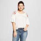 Women's Plus Size Floral Print Short Sleeve Embroidered Shoulder Knit T-shirt - Xhilaration White X