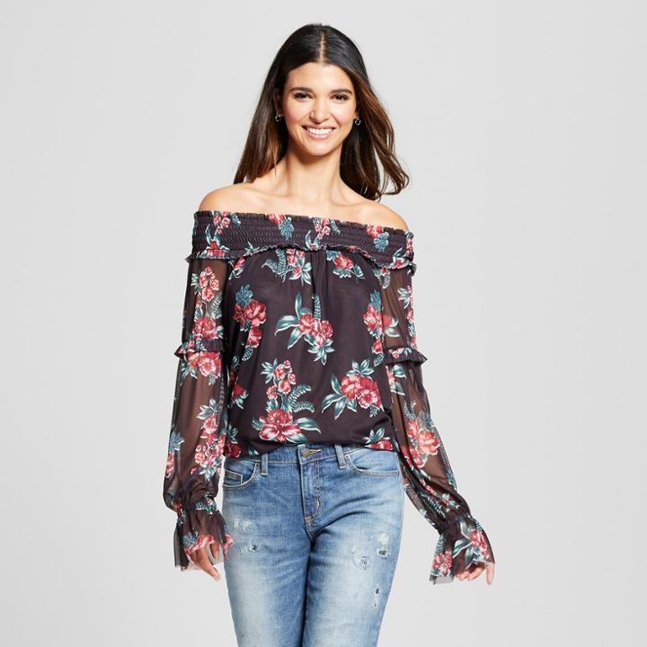 Women's Floral Print Ruffle Long Sleeve Smocked Off The Shoulder Mesh Blouse - Alison Andrews Black
