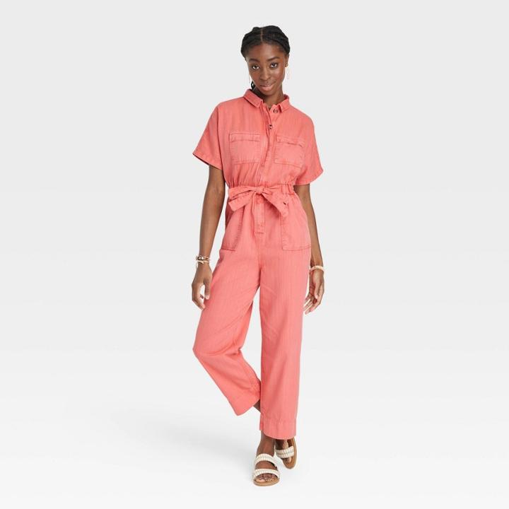 Women's Short Sleeve Button-front Boilersuit - Universal Thread Red
