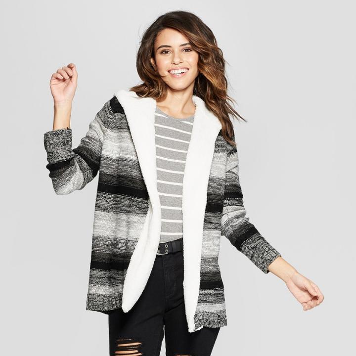 Women's Striped Long Sleeve Sherpa Cozy Hooded Cardigan - Almost Famous (juniors') Black