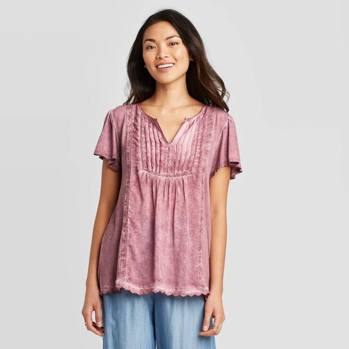 Women's Short Sleeve Oil Wash Top - Knox Rose Purple