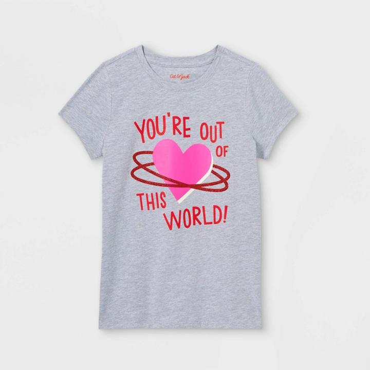 Girls' 'valentine's Day Space' Short Sleeve Graphic T-shirt - Cat & Jack Heather Gray