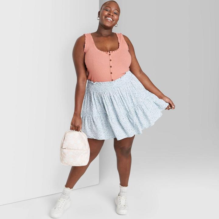 Women's Plus Size Floral Print High-rise Smocked Ruffle Mini Skirt - Wild Fable Blue 1x, Women's,