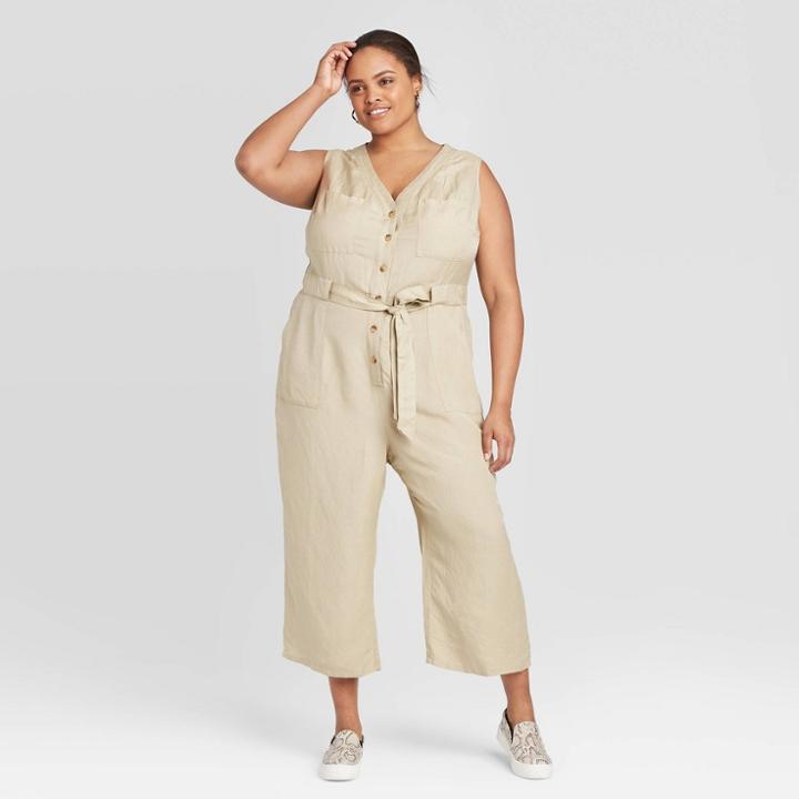 Women's Plus Size Sleeveless Linen Jumpsuit - A New Day Tan 1x, Women's,