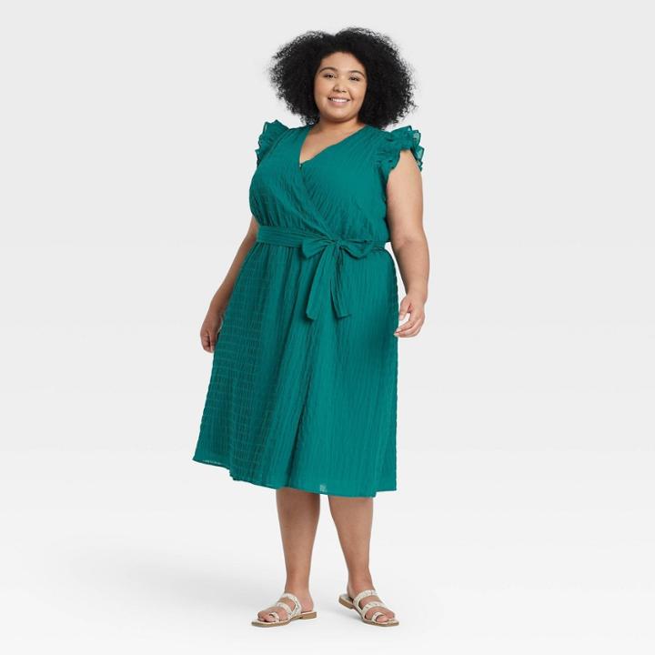 Women's Plus Size Ruffle Short Sleeve Wrap Dress - A New Day Green