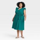 Women's Plus Size Ruffle Short Sleeve Wrap Dress - A New Day Green