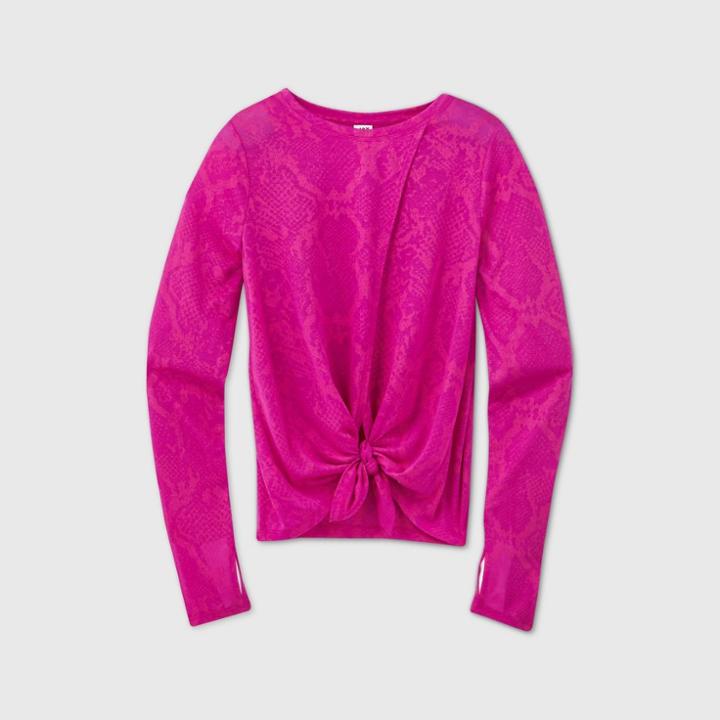 Women's Long Sleeve Snakeskin Burnout Tie-front Top - Joylab Bright Pink