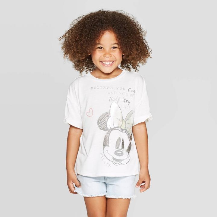 Petitetoddler Girls' Disney Minnie Mouse Believe Tie Short Sleeve T-shirt - Ivory 3t, Girl's, White