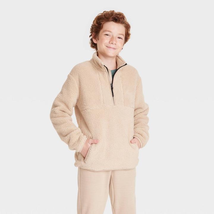 Boys' Sherpa Fleece 1/4 Zip Pullover - All In Motion Khaki