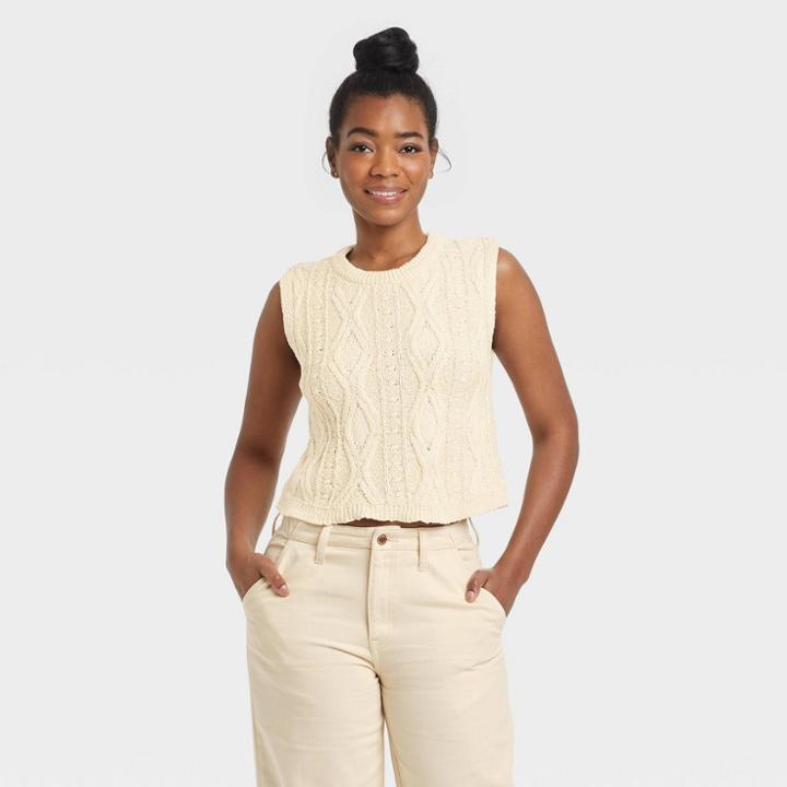Women's Crewneck Cable Knit Sweater Vest - Universal Thread Cream
