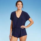 Women's Short Sleeve Cover Up Swim Romper - Aqua Green True Navy
