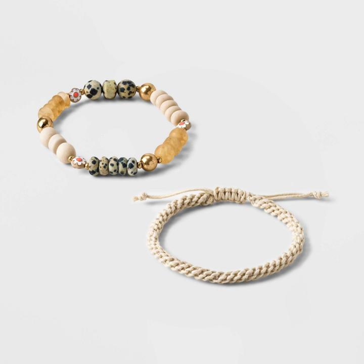 Semi-precious Quartz Dalmatian Jasper Opal Stretch Bracelet Set 2pc - Universal Thread Cream, Ivory