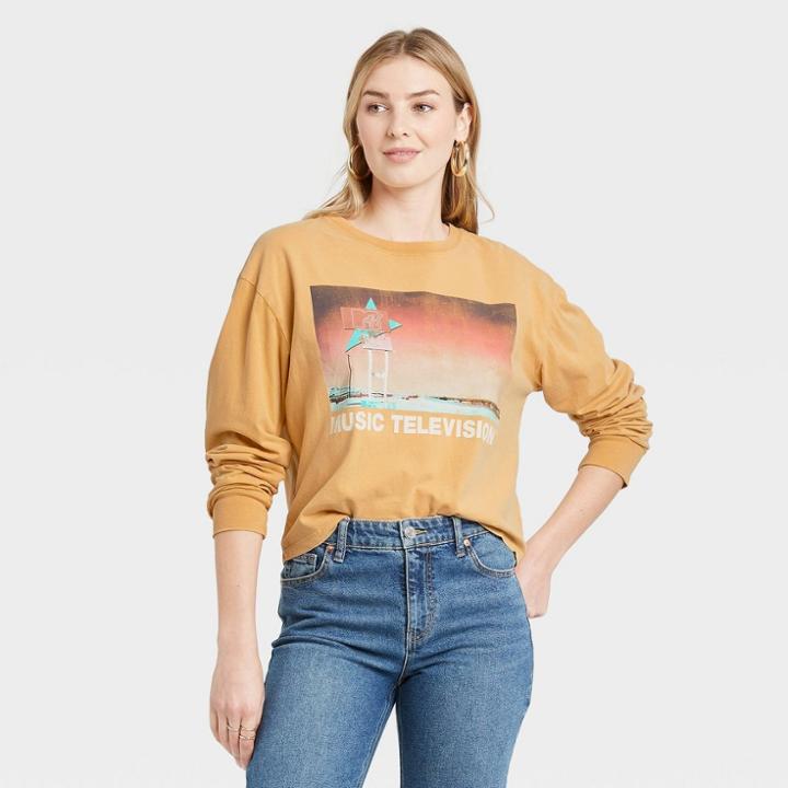 Women's Mtv Neon Sign Long Sleeve Graphic T-shirt - Yellow