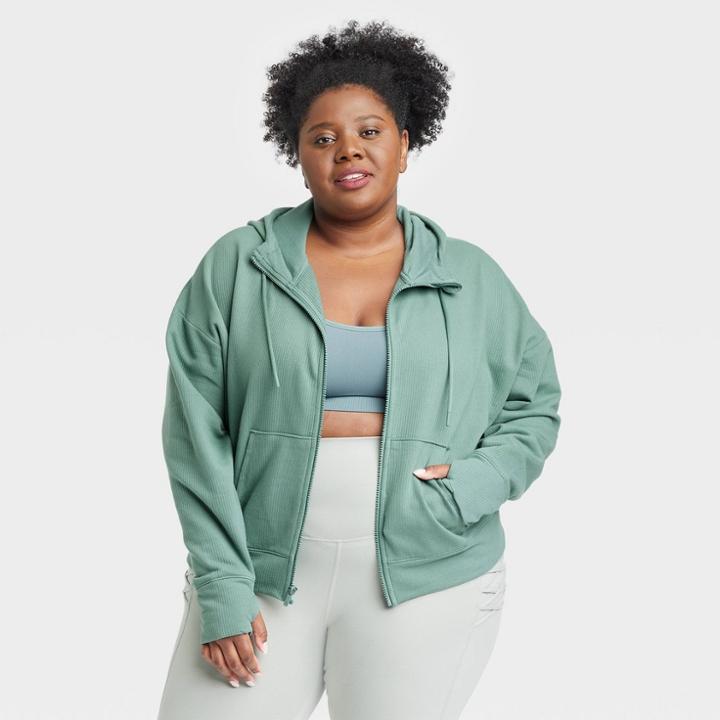 Women's Plus Size Ribbed Fleece Cropped Hooded Sweatshirt - All In Motion Forest Green