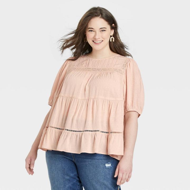 Women's Plus Size Puff Short Sleeve Lace Inset Blouse - Knox Rose