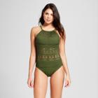 Women's Crochet High Neck One Piece - Aqua Green Olive