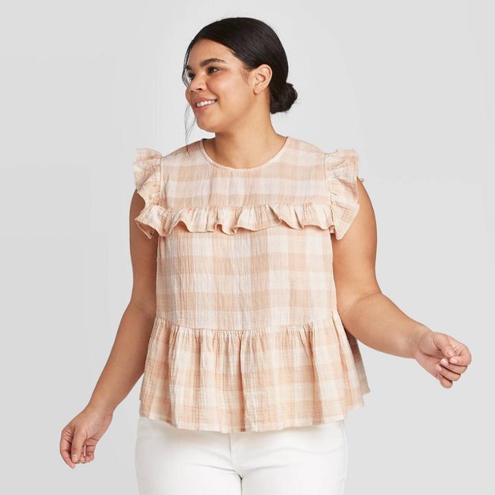 Women's Plus Size Plaid Sleeveless Ruffle Top - Universal Thread Cream 1x, Women's, Size: 1xl,