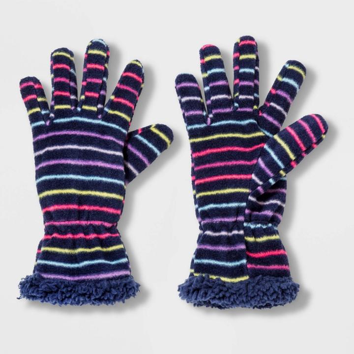 Girls' Fleece Glove - Cat & Jack Navy Stripe 4-7, Girl's, Blue