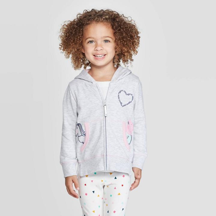 Toddler Girls' Peppa Pig Unicorn Zip-up Hooded Sweatshirt - Gray