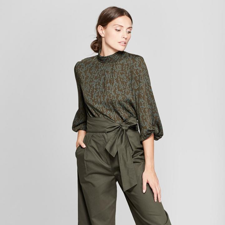 Women's 3/4 Sleeve Mock Neck Blouse - Prologue Olive Print
