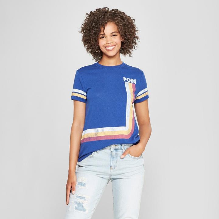 Junk Food Women's Atari Pong Short Sleeve Boyfriend Crew Neck Graphic T-shirt - Blue