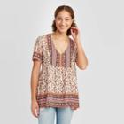 Women's Floral Print Short Sleeve V-neck Blouse - Knox Rose Ivory Xs, Women's, Beige