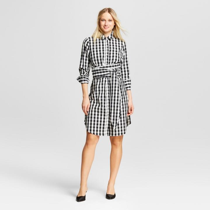 Women's Gingham Long Sleeve Belted Shirtdress - Who What Wear Black/white Xs, Black/white Gingham