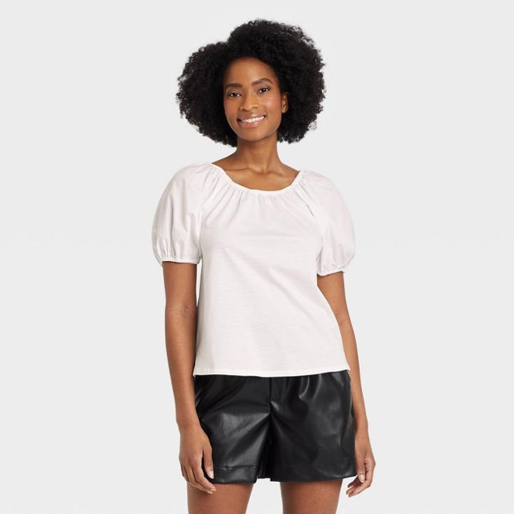 Women's Puff Short Sleeve Tie-back Top - A New Day White