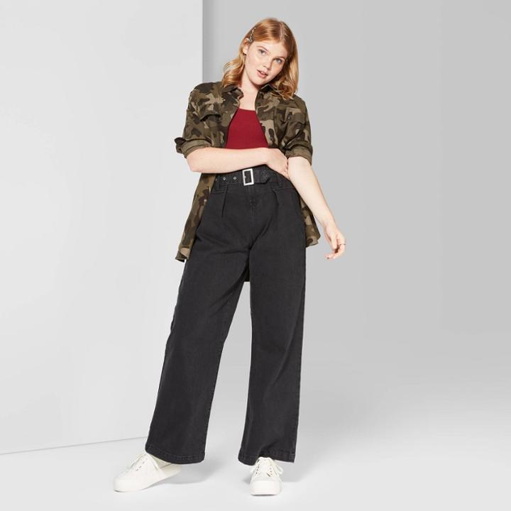 Women's High-rise Belted Paper Bag Waist Wide Leg Jeans - Wild Fable Washed Black