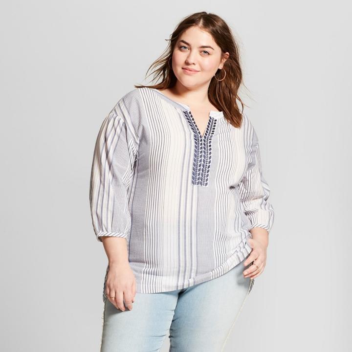 Women's Plus Size Striped Embroidered Three Quarter Length Sleeve Tunic - Universal Thread Blue