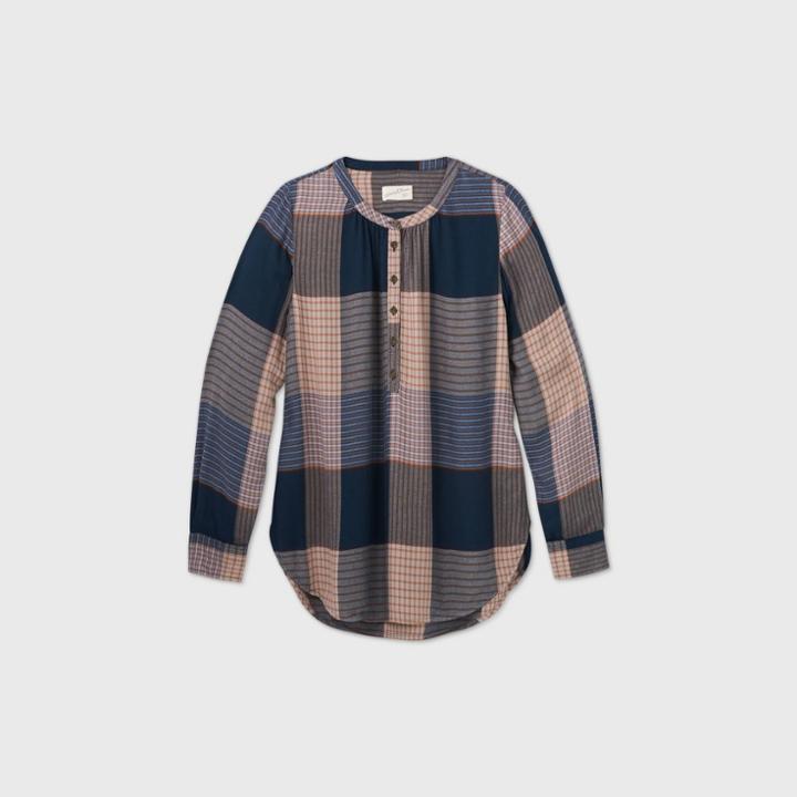 Women's Plaid Long Sleeve Tunic Popover Blouse - Universal Thread Blue