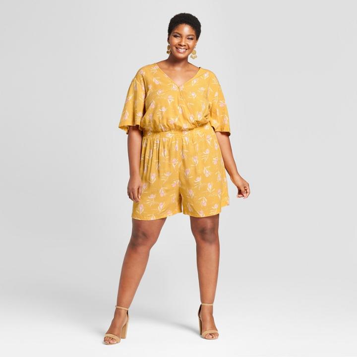 Women's Plus Size Floral Print Romper - Ava & Viv Yellow