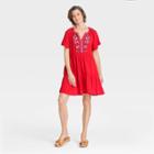 Women's Raglan Short Sleeve Embroidered Tiered A-line Dress - Knox Rose Red