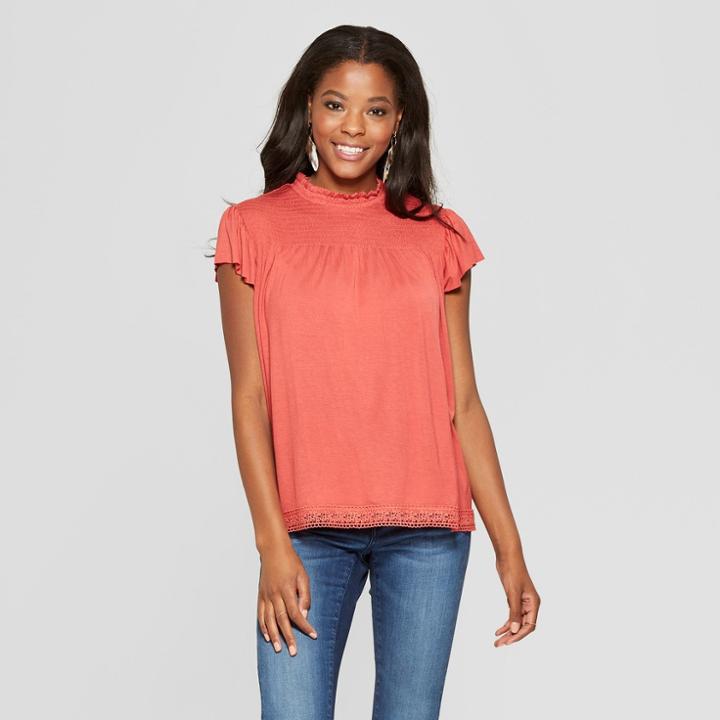 Women's Smocked Top Flutter Sleeve Knit Top - Xhilaration Sunwashed Red